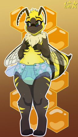 antennae_(anatomy) anthro arthropod_abdomen bottomwear cloth_diaper clothed clothing dancewear diaper female flower_clothing_pattern looking_at_viewer neck_tuft pattern_background simple_background skirt spread_wings standing stripes touching_self translucent translucent_clothing tuft tutu wearing_diaper wings stargal_galexi arthropod bee hymenopteran insect full-length_portrait hi_res portrait