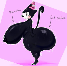 anthro areola big_breasts big_butt black_areola black_body black_nipples black_nose blush bodily_fluids breasts butt clothing erect_nipples female fleischer_style_toon hat hat_only headgear headgear_only headwear headwear_only huge_breasts huge_butt hyper hyper_breasts hyper_butt mostly_nude motion_outline nipples pink_background pink_clothing pink_hat pink_headwear simple_background solo sweat sweaty_butt sweaty_tits tail toony rabbit5gamer evil_container ortensia domestic_cat felid feline felis mammal 2026 hi_res shaded