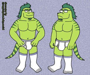 anthro briefs bulge clothed clothing detailed_background eyewear facial_hair footwear glasses goatee green_hair green_text hair hands_on_hips male monotone_briefs monotone_clothing monotone_underwear muscular muscular_male navel pantsless_male smile socks solo text tighty_whities topless topless_male underwear waistband_stripe white_briefs white_clothing white_footwear white_socks white_underwear eddicus reggie_igulas iguana iguanid lizard reptile scalie hi_res