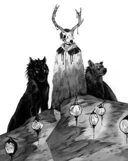 ambiguous_gender clothed clothing feral group lamp lantern standing tamberella canid canine canis human mammal wolf 2019 monochrome traditional_media_(artwork)