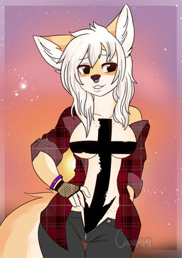 anthro bite biting_lip biting_own_lip breasts clothed clothing cross female lips open_clothing open_shirt open_topwear piercing pose self_bite shirt solo topwear unzipped zipper cinnamama cin_(cinnamama) pinup