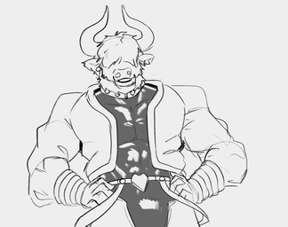 anthro clothed clothing collar ear_piercing ear_stud front_view hair hair_over_eyes horn male male_anthro obscured_eyes open_clothing open_mouth open_topwear piercing short_hair simple_background solo topwear jezzlen logan_(jezzlen) bovid bovine cattle mammal half-length_portrait monochrome portrait sketch