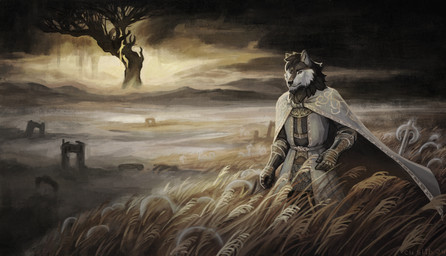 anthro armor clothing coat dark field fur grey_body male raincoat solo topwear white_body cu_sith_(artist) elden_ring fromsoftware canid canine canis mammal wolf absurd_res hi_res