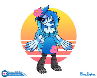 anthro blue_body blue_hair blue_skin breasts claws clothing eyelashes feathers female flower hair looking_at_viewer nipple_outline non-mammal_breasts plant simple_background solo sun synthwave wings blueumbra avian bird signature watermark
