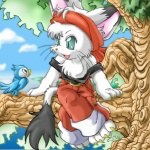 accessory anthro chest_tuft claws duo female feral fur green_eyes headband outside plant tail tree tuft whiskers white_body white_fur wood young young_anthro young_female momiji_yu-ga tail_tale yaminabe_aries lick_zack avian bird domestic_cat felid feline felis mammal 1:1