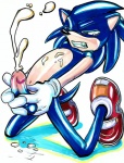 anthro biped blue_body blue_fur bodily_fluids cum cumshot ejaculation erection fur genital_fluids genitals kneeling male navel orgasm penis solo teeth greenmonkey sega sonic_the_hedgehog_(series) sonic_the_hedgehog eulipotyphlan hedgehog mammal