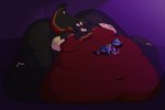 3:2 bed furniture hi_res jesper_(raccstarlogan) logan_(raccstarlogan) morbidly_obese obese overweight purple_background raccstarlogan reese simple_background skulldragon