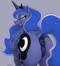 animal_genitalia animal_vulva anus bedroom_eyes big_butt blue_anus blue_body blue_eyes blue_feathers blue_fur blue_hair blue_horn blue_tail blue_vulva butt cosmic_hair cosmic_tail crown cutie_mark dock_(anatomy) equine_genitalia equine_vulva ethereal_hair eyebrows eyelashes feathered_wings feathers female female_feral feral fluffy fluffy_tail fur genitals grey_background hair half-closed_eyes headgear horn long_hair looking_at_viewer looking_back makeup mascara narrowed_eyes nude open_mouth open_smile pink_tongue plump_labia princess pseudo_hair puffy_anus royalty seductive simple_background smile snout solo standing tail tongue unicorn_horn vulva wings truegrave9 friendship_is_magic hasbro my_little_pony mythology princess_luna_(mlp) equid equine mammal mythological_creature mythological_equine winged_unicorn 2016 signature