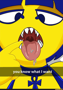 anthro blue_hair bodily_fluids caption_box female hair mouth_shot open_mouth saliva solo text uvula yellow_body strawberrywith4 animal_crossing ifunny nintendo ankha_(animal_crossing) felid feline mammal english_text hi_res