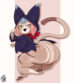 anthro big_butt biped blush bottomless bottomless_female butt cat_tail clothed clothing female hair huge_butt kerchief looking_at_viewer neckerchief neckwear open_mouth partially_clothed pawpads paws pink_hair rear_view red_kerchief red_neckerchief shortstack shortstack_female simple_background solo thick_thighs wide_hips chapsan capcom monster_hunter monster_hunter_stories_2:_wings_of_ruin tsukino_(monster_hunter_stories) felid felyne lynian mammal palico 2026 absurd_res digital_media_(artwork) hi_res signature