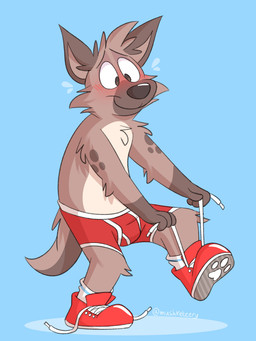 anthro blue_background blush bodily_fluids boxer_briefs brown_body brown_eyes brown_fur clothed clothing colored_seam_boxer_briefs footwear fur grey_nose male markings pantsless pantsless_anthro pantsless_male red_boxer_briefs red_clothing red_footwear red_shoes red_sneakers red_underwear shoelaces shoes simple_background sneakers socks solo spots spotted_markings sweat topless topless_anthro topless_male tying_shoes underwear white_clothing white_footwear white_seam_boxer_briefs white_socks mushketeery mushy_(mushketeery) mushy_(mushketeteery) hyena mammal 3:4 hi_res