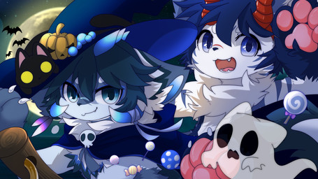 2_horns anthro big_eyes biped blue_body blue_fur blue_hair cute_fangs duo fangs fur hair holidays horn kemono looking_at_viewer male slim_anthro slim_male teeth white_body white_fur hlg7777 halloween canid canine fox mammal 16:9 2020 hi_res widescreen