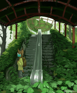 anthro backpack brown_body brown_fur clothed clothing day detailed_background eye_patch eyewear fully_clothed fur light mask outside plant ruins solo standing theblueberrycarrots marc_(theblueberrycarrots) felid feline lynx mammal 2021 5:6 absurd_res hi_res lighting shaded