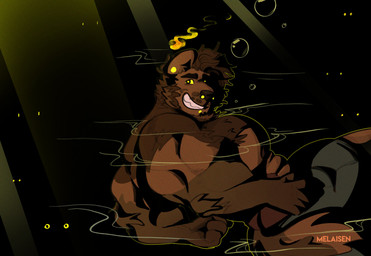 anthro black_eyebrows briefs briefs_only brown_body brown_fur bubble cheek_tuft clothed clothing detailed_background eyebrows facial_tuft fur glowing glowing_eyes grin male male_anthro muscular muscular_anthro muscular_male smile solo teeth text topless topless_anthro topless_male tuft underwater underwear underwear_only water yellow_sclera melaisen tolentino_(melaisen) canid canine mammal 2022 absurd_res artist_name digital_drawing_(artwork) digital_media_(artwork) english_text hi_res