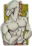 abs anthro biceps brown_clothing clothed clothing grey_body grey_skin long_neck male muscular muscular_anthro muscular_male navel pecs simple_background solo tail lizardbeth astor apatosaurus dinosaur diplodocid prehistoric_species reptile sauropod sauropodomorph scalie character_badge_(artwork) marker_(artwork) traditional_media_(artwork)