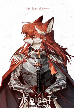 anthro armor cape clothing eye_patch eyewear female fur hair half-closed_eyes melee_weapon narrowed_eyes orange_body orange_fur orange_hair simple_background solo sword text weapon white_background noname_myeong jeanne_(noname_myeong) canid canine fox mammal absurd_res hi_res