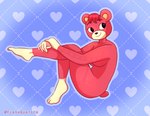 anthro bear_tail black_eyes breasts feet female hair heart_(marking) markings nude purple_background red_body red_hair red_skin simple_background sitting solo under_boob yellow_feet yellow_hands yellow_markings flashquatsch animal_crossing nintendo cheri_(animal_crossing) bear mammal