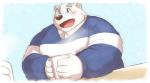 anthro beverage blue_eyes blush clothing fur humanoid_hands male overweight overweight_anthro overweight_male solo sweater topwear white_body white_fur 12beat13 utau shirane_kan bear mammal polar_bear ursine 2018