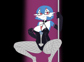 areola areola_slip armwear big_breasts black_background black_clothing black_gloves black_handwear black_leotard blue_body blue_hair blush breasts chest_spike clothed clothing crouching elbow_gloves eyewear female fishnet_clothing fishnet_legwear glasses gloves grey_clothing grey_legwear hair handwear legwear leotard looking_at_viewer navel pink_areola pole purple_background red_eyes short_hair simple_background smile solo spikes spikes_(anatomy) spread_legs spreading stripper_pole thick_thighs white_body wide_hips hiivenn nintendo pokemon gardevoir generation_3_pokemon humanoid pokemon_(species) absurd_res hi_res