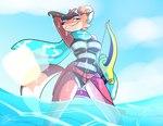 anthro bow_(weapon) breasts camel_toe clothing female green_eyes one-piece_swimsuit partially_submerged ranged_weapon sarong scarf sea sky solo standing swimwear toy toy_gun water water_gun weapon prate-dragon dungeons_of_aether rivals_of_aether fleet_(dungeons_of_aether) canid canine fox mammal hi_res signature