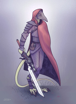 ambiguous_gender anthro armor barefoot belt belt_pouch biped black_claws bracers cape chest_strap claws cloak clothed clothing digitigrade feet footwear fully_clothed furgonomics grass greaves gunblade holding_melee_weapon holding_object holding_sword holding_weapon leather leather_armor leg_armor long_tail mask melee_weapon monotone_body pauldron plant pouch_(clothing) purple_armor red_cape red_clothing red_hood scales simple_background solo standing sword tail text toe_claws toeless_footwear toes vambrace warrior weapon wearing_mask tertia_decima treize_(danjil_olivaw) komodo_dragon lizard monitor_lizard reptile scalie 2022 absurd_res artist_name dated digital_media_(artwork) full-length_portrait hi_res portrait shaded signature three-quarter_portrait