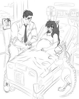 accessory anthro bed cardiac_monitor chair feral furniture hand_holding hospital_bed hospital_gown hospital_room iv_bag iv_drip iv_line machine medical_instrument necktie pregnant scientific_instrument smile unknown_artist ara_(fluff-kevlar) vst_(fluff-kevlar) xi_jinping android domestic_cat felid feline felis human mammal robot 4:5 hi_res monochrome portrait sketch