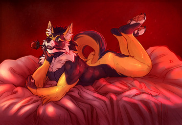 anthro arm_tuft bed black_body black_claws black_fur black_hair black_nose chin_in_hand claws elbow_tuft flower flower_in_mouth fluffy_arms fluffy_butt fluffy_thighs fur furniture golden_markings grin hair lying male mane on_bed on_front pawpads pink_pawpads plant pointy_ears pose red_background rose_(flower) simple_background smile solo tuft white_bedding white_body white_fur white_mane white_sheets yellow_body yellow_fur interkos wilson_(wilsonjackal) canid canine canis jackal mammal 2024 colored_sketch full-length_portrait hi_res pinup portrait sketch