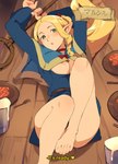 barefoot blonde_hair bottomless bottomless_female bottomless_humanoid breasts clothed clothing convenient_censorship exposed_breasts feet female green_eyes hair humanoid_pointy_ears lying nipples not_furry on_back pointy_ears solo text squeezable delicious_in_dungeon marcille_donato elf humanoid 2024 english_text hi_res japanese_text