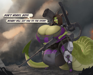 armor armor_plates balls_outline big_breasts big_bulge biped breasts bulge curvy_figure detailed_bulge gatling_gun genital_outline gun gynomorph gynomorph_humanoid hair heavy_machine_gun horn huge_breasts huge_bulge huge_thighs hyper hyper_breasts hyper_bulge intersex intersex_humanoid machine_gun minigun missile missile_pod posing_for_the_viewer ranged_weapon solo tail text thick_tail thick_thighs voluptuous weapon weapon_on_back weapon_on_shoulder wide_hips mythology kakira half-dragon humanoid mythological_creature scalie english_text hi_res