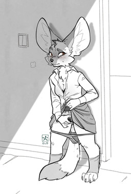 anthro big_ears big_tail biped black_nose blush bodily_fluids bottomwear breasts claws clothed clothing collared_shirt dipstick_tail doorway dress_shirt dripping eyebrows female fingering fingering_self footwear genital_fluids genitals inner_ear_fluff light_switch markings masturbation neck_tuft panties panties_down partially_clothed pubes raised_bottomwear raised_clothing raised_skirt shadow shirt skirt solo standing standing_masturbation sweat sweatdrop tail tail_markings toe_claws toeless_footwear topwear tuft underwear underwear_down vaginal vaginal_fluid_drip vaginal_fluid_string vaginal_fluids vaginal_masturbation vulva wet wet_clothing wet_panties wet_underwear eldstunga heloise_(eldstunga) canid canine fennec_fox fox mammal true_fox 2026 absurd_res digital_media_(artwork) hi_res monochrome signature