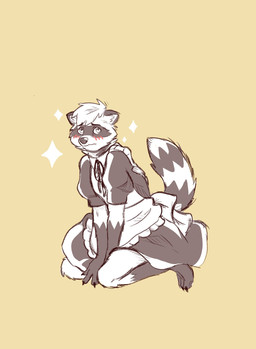 anthro blush cheek_tuft clothed clothing crossdressing eyebrows facial_markings facial_tuft fur gloves_(marking) hair head_markings inner_ear_fluff kneeling leg_markings looking_at_viewer maid_uniform male markings mask_(marking) mouth_closed short_hair simple_background socks_(marking) solo sparkles striped_body striped_fur striped_markings striped_tail stripes tail tail_markings tuft uniform unsigned pache_riggs mammal procyonid raccoon hi_res restricted_palette