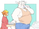 anthro belly bottomwear brush brushing brushing_teeth clothing duo eyes_closed kemono male moobs overweight overweight_male shirt shorts topwear inunoshippo canid canine canis domestic_dog mammal 2024 hi_res