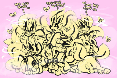 all_fours animal_genitalia animal_penis anus backsack balls black_nose butt canine_genitalia canine_penis clone dialogue erection genitals grin group heart_symbol kneeling knot looking_at_viewer looking_back male open_mouth penis perineum pink_background presenting puffy_anus simple_background smile standing text tongue tongue_out vein veiny_penis badsheep naruto kurama canid canine fox mammal 2016 absurd_res digital_media_(artwork) english_text hi_res