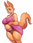 2022 anthro belly big_breasts blush breasts canid canine cleavage clothed clothing diane_foxington dreamworks eyelashes eyewear female fox genitals glasses green_eyes hi_res inner_ear_fluff looking_at_viewer mammal navel overweight overweight_anthro overweight_female potbelly pussy pussy_floss solo the_bad_guys thick_thighs tuft vondranart