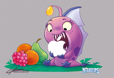 antennae_(anatomy) apple dorsal_fin eyebrows eyelashes fangs female female_feral feral fin food freckled_face freckles fruit grey_background illicium markings navy_body orange_(fruit) pear plant purple_body raspberry sail_(anatomy) simple_background spots spotted_body teeth laisanen apple_inc. fruit_nibblers rovio_entertainment sega coral_(nibblers) anglerfish aquatic fish nibbler_(species) 2016 official_art