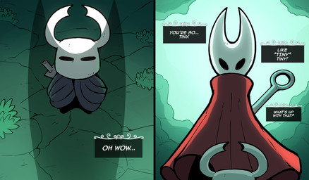 2_horns ambiguous_gender anthro black_eyes black_legs cloak cloak_only clothing female horn hornet's_needle larger_female looking_at_another melee_weapon nail_(weapon) size_difference smaller_ambiguous speech_bubble text weapon ceehaz hollow_knight_(franchise) team_cherry hornet_(hollow_knight) the_knight_(hollow_knight) arthropod insect vessel_(species) absurd_res english_text hi_res half_sister_(lore) sibling_(lore) sister_(lore)