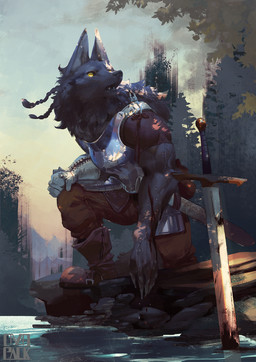 ambiguous_gender anthro armor black_body black_fur blood bodily_fluids clothed clothing fur kemono male melee_weapon solo sword weapon wounded yellow_eyes ovopack canid canine canis mammal wolf 2015 hi_res japanese_description
