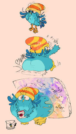 3_toes 4_fingers anthro arm_feathers beak big_butt black_eyebrows black_eyes blue_body blue_feathers blue_hair blue_tail butt butt_expansion canvas clothing expansion eyebrow_through_hat eyebrows eyelashes feather_hair feather_hands feathers feet female female_anthro fingers hair hat hat_only headgear headgear_only headwear headwear_only holding_paint_can huge_butt mostly_nude motion_lines obese obese_anthro obese_female onomatopoeia open_beak open_mouth overweight overweight_anthro overweight_female paint_can paint_on_butt painting_(action) pseudo_hair simple_background sitting sitting_on_canvas sitting_on_object solo sound_effects standing tail tan_background text toes weight_gain worried_look yellow_beak yellow_clothing yellow_hat yellow_headwear octoguy angry_birds angry_birds_stella rovio_entertainment sega the_angry_birds_movie willow_(angry_birds) avian bird columbid crowned_pigeon pigeon 2023 absurd_res digital_drawing_(artwork) digital_media_(artwork) english_description flat_colors hi_res multiple_scenes