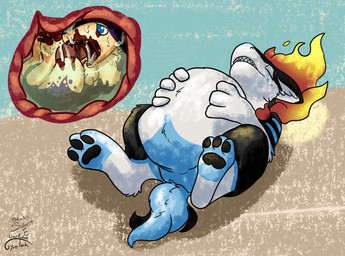 abdominal_bulge blue_eyes bodily_fluids countershading digestion drooling feral feral_pred feral_prey gore internal male male_pred male_prey markings mottled mottled_body organs paws purple_body quadruped red_markings saliva stomach stomach_acid tan_body vore gyrotech silent_e nintendo pokemon blitz_(gyro) fan_character generation_2_pokemon pokemon_(species) quilava typhlosion