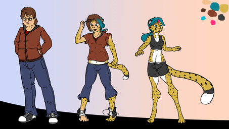 anthro base_one_layout basic_sequence blue_hair bottomwear breast_growth breasts brown_hair clothing countershading digitigrade eyewear female gender_transformation glasses growth hair human_to_anthro linear_sequence male markings mtf_transformation one_row_layout pants ponytail shirt shorts smile solo species_transformation spots spotted_body standing sweater tank_top three_frame_image three_frame_sequence topwear transformation transformation_sequence white_body white_countershading halfwing cheetah felid feline human mammal 2020 sequence