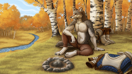 anthro armor autumn_leaves barefoot birch bottomwear campfire claws clothed clothing creek feet finger_claws fur gambeson grass grey_body grey_fur looking_aside male outside pants paws plant sitting solo tail toe_claws topless topless_anthro topless_male tree whisker_spots whiskers white_body white_fur kippycube canid canine canis mammal wolf 2026 digital_media_(artwork) signature
