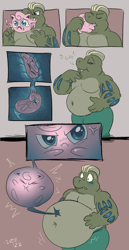 ambiguous_gender belly belly_expansion big_belly blue_eyes blue_insides blue_markings bodily_fluids clothing cross-popping_vein curly_hair duo expansion fully_inside green_body green_clothing hair hand_on_belly inflation internal lighter_belly male markings navel organs overweight partially_inside pink_body puffed_cheeks sharp_teeth struggling struggling_prey swallowing swallowing_sound_effect tears teeth vore wobble shellyochunks nintendo pokemon maxima_(shellyochunks) generation_1_pokemon jigglypuff machoke pokemon_(species) shiny_pokemon 2022 comic dated hi_res signature female_(lore)