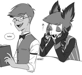 antlers dual_persona eyes_closed eyewear glasses horn male monocle sharp_teeth solo speech_bubble teeth text enaic31 hazbin_hotel hellaverse alastor_(hazbin_hotel) animal_humanoid deer deer_humanoid demon demon_humanoid humanoid mammal mammal_humanoid english_text hi_res monochrome