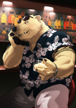 alcohol aloha_shirt anthro arm_tattoo beverage biceps blue_eyes bottomwear clock clothed clothed_anthro clothed_male clothing eyewear eyewear_on_head first_person_view fully_clothed fur holding_beverage holding_object inside looking_at_viewer male manly mature_male muscular muscular_anthro muscular_male pants pattern_clothing pattern_shirt pattern_topwear shirt sitting smile smiling_at_viewer solo sunglasses sunglasses_on_head tattoo topwear watch wearing_sunglasses wristwatch kotori kotorine_(kotori) bear mammal polar_bear ursine 2023 digital_media_(artwork) hi_res