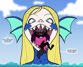 extreme_size_difference female imminent_vore male open_mouth sea size_difference text tongue_wrap uvula vore water wetsuit thetunafish mythology animal_humanoid canid canine canis dragon dragon_humanoid human humanoid hybrid mammal mythological_creature mythological_scalie scalie siren wolf english_text hi_res