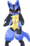 anthro anthrofied biped black_body black_fur blue_body blue_fur bodily_fluids breasts female fur genital_fluids genitals nipples pokemorph pussy red_eyes simple_background solo standing tail tears vaginal_fluids white_background yellow_body yellow_fur salt_(artist) nintendo pokemon canid canine generation_4_pokemon lucario mammal pokemon_(species)