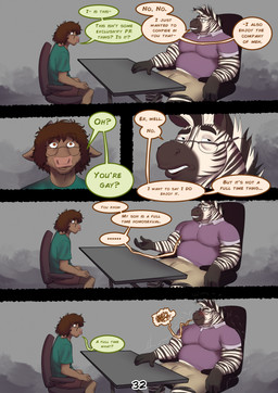 5_panel_comic anthro awkward black_stripes blush bottomwear brown_body brown_hair chair clothed clothing color_coded color_coded_speech_bubble color_coded_text dialogue duo emanata eyes_closed eyewear frustration_cloud furniture glasses grin hair male mane office_chair on_chair page_number shirt shorts sitting sitting_on_chair smile speech_bubble striped_body stripes table text tight_clothing tight_shirt tight_topwear topwear white_body azathura alan_(azathura) thayne_(azathura) bovid bovine cattle equid equine mammal zebra comic english_text hi_res multiple_scenes