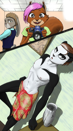 anime_nosebleed anthro asian_clothing black_eyes blood bodily_fluids brown_body brown_eyes brown_hair camera chinese_clothing clothing east_asian_clothing female green_eyes grey_body group hair half-closed_eyes male male/female male_focus multicolored_body narrowed_eyes nosebleed pink_hair tail trio two_tone_body mr._woland elise_(mr._woland) hong_(mr._woland) reggie_(mr._woland) bear giant_panda lagomorph leporid mammal rabbit rodent sciurid tree_squirrel 4k 9:16 absurd_res hi_res