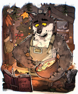 anthro anthrofied appliance apron book carrot cheek_tuft chest_tuft christmas_tree claws clothing cookbook cooking eyebrows eyewear facial_tuft fingers fluffy food fruit fur grey_body grey_fur holding_object holidays home inside looking_down male multicolored_body multicolored_fur neck_tuft plant pumpkin smoke solo standing teeth tree tuft vegetable window yellow_sclera luck_like christmas intermarche_unloved albert_(intermache_unloved) the_first_wolf_(unloved) canid canine canis mammal wolf 2025 hi_res