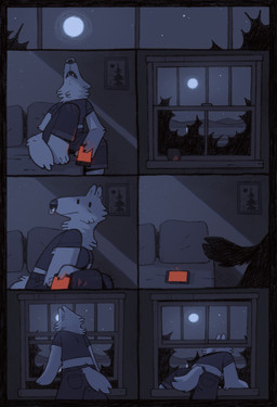 anthro clothed clothing crop_top ear_piercing electronics facial_piercing female furniture moon night nose_piercing nose_ring open_window phone piercing ring_piercing shirt sleeping sofa solo star topwear window lundi canid canine canis mammal wolf comic hi_res